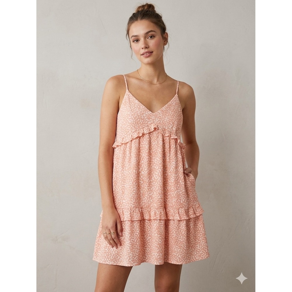Coquette Peach Leopard Print Babydoll Cami Tiered Ruffle Summer Sun Dress Sz S